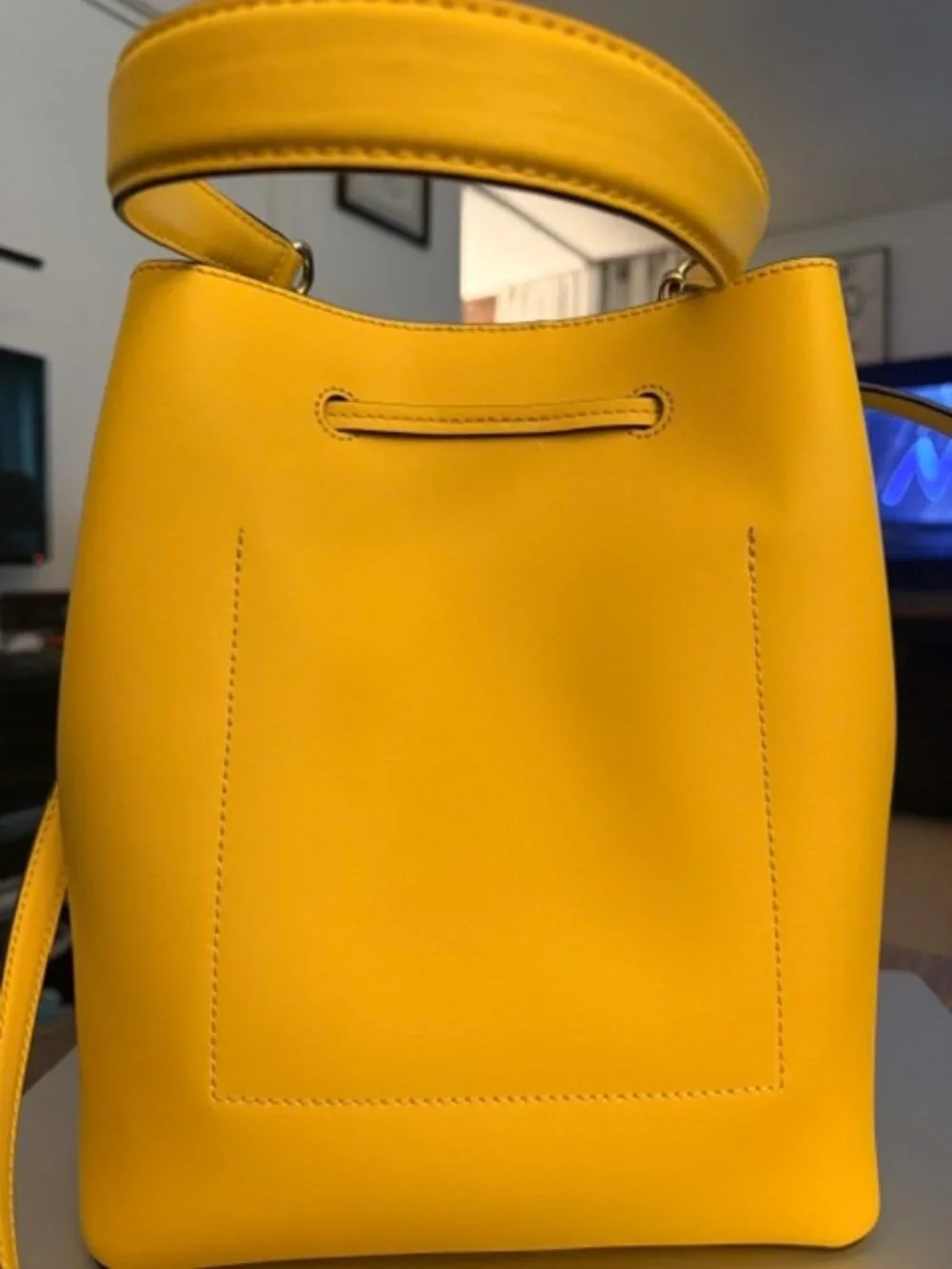 RALPH LAUREN DRAWSTRING BUCKET LEATHER BAG, DEBBY, YELLOW, PREOWNED